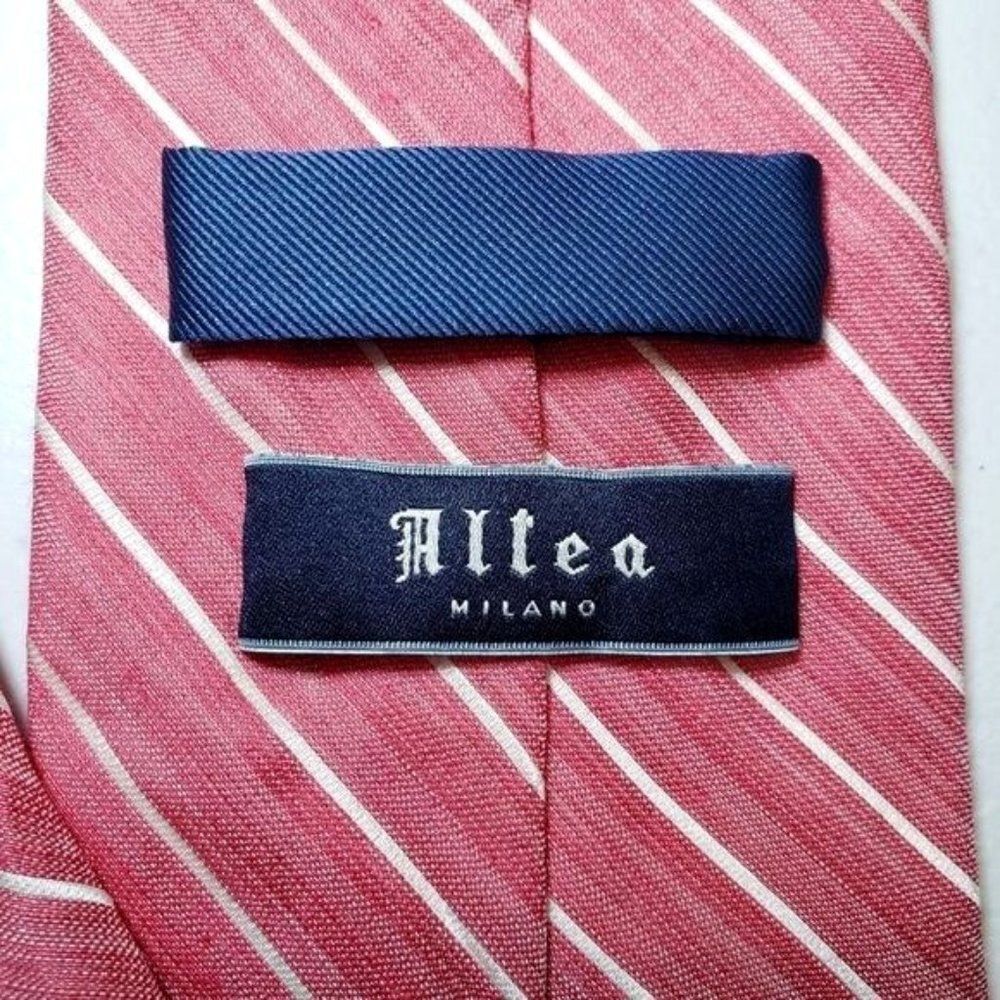 Altea Milano Italian Flax Silk Blend Pink Pin-Stripe Mens Designer Neck Tie‎ - Picture 5 of 8